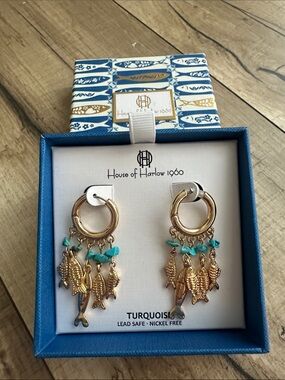 House of Harlow 1960 Gold Hoop Earrings with Turquoise Beads and Fish Charms